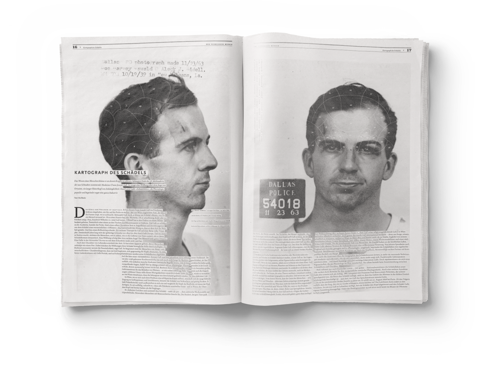 Innenseite-Layout in schwarz weiss gehalten mit Portraits und Verbrecherfotos von Lee Harvey Oswald.