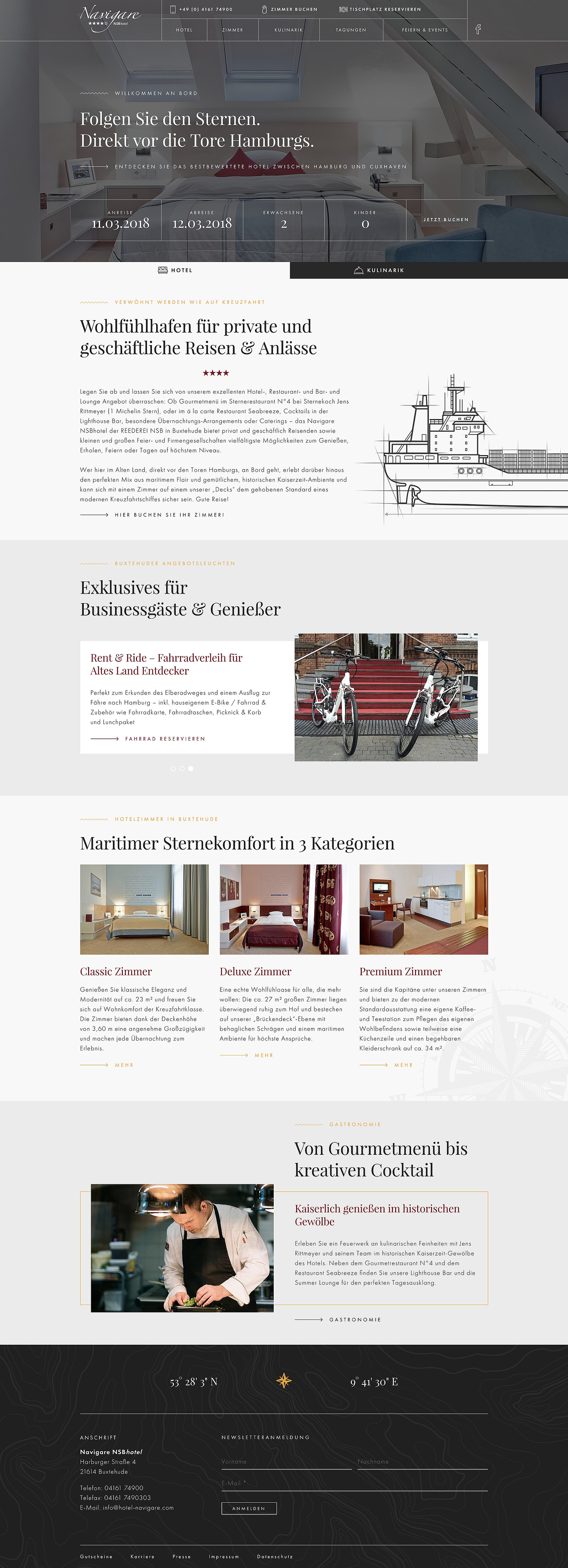 Website auf der Startseite mit zwei Reitern für den zwei Bereiche mit Hotel und Gastronomie und Jens Rittmeyer